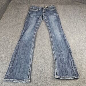 Zipper Bootcut Jeans Womens 7 Medium Wash Rhinestone Flap Pocket Y2K ZI-LP7017